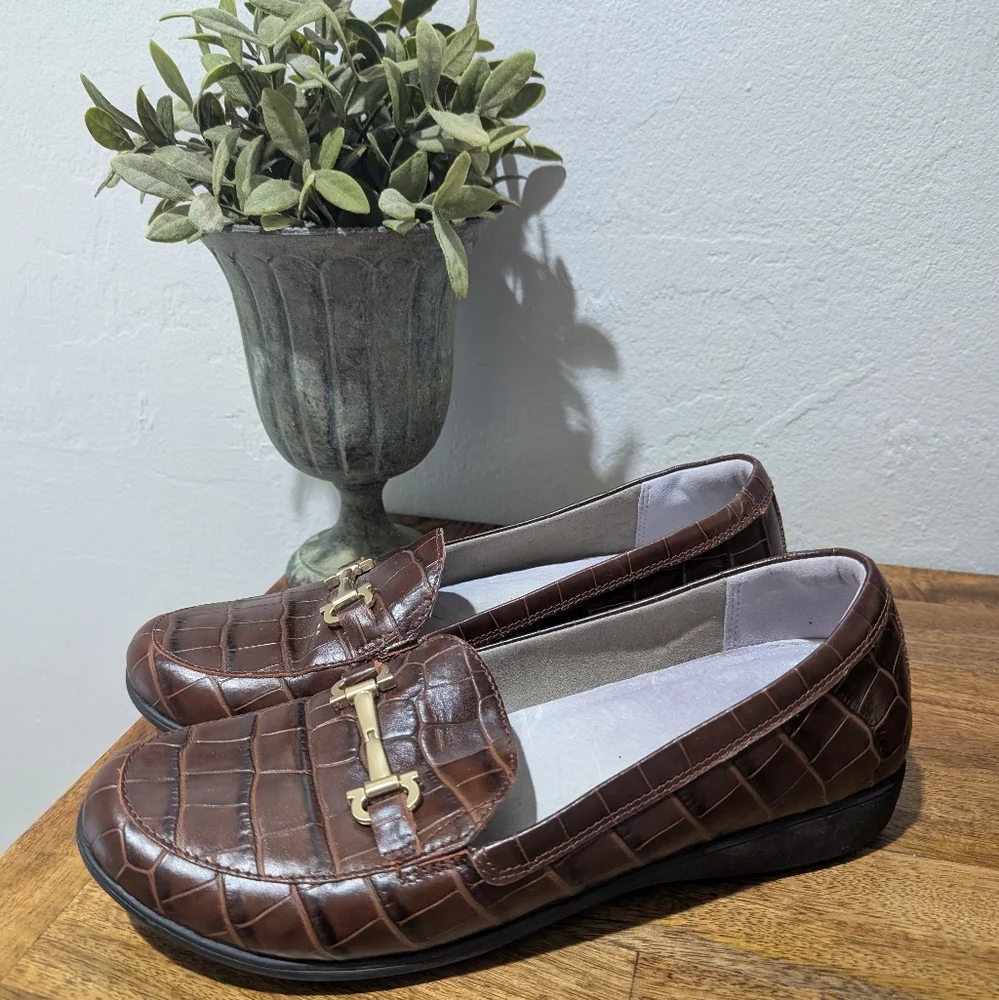 Aravon Womens Abbey Bit Loafer Brown Croco CI1064 Size 10-41.5